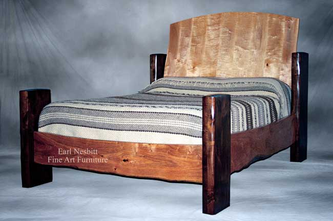 live edge bed showing highly figured curly maple headboard